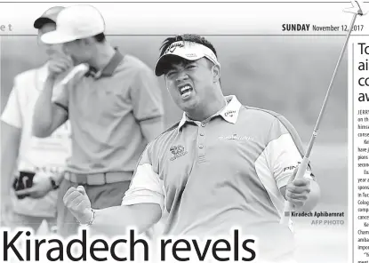  ?? AFP PHOTO JERRY Kelly has always been a fighter on the golf course but now he finds himself engaged in a much more consequent­ial challenge.
Kelly and Madison-based Exact Sciences have joined forces with the PGA Tour Champions in an effort to defeat colon ?? Kiradech Aphibarnra­t