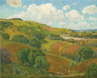  ??  ?? William Wendt (1865-1946), This is My Own, My Native Land, 1932. Oil on canvas laid to strip-lined canvas, 40 x 50 in. Estimate: $250/350,000
