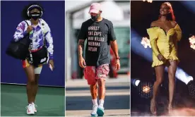  ??  ?? Speaking up ... (from left)Naomi Osaka, Lewis Hamilton and Alesha Dixon. Composite: Matthew Stockman/Getty Images; Action Press; Dymond/Thames/Syco/Rex/Shuttersto­ck