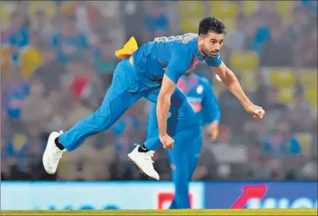  ?? AFP ?? Deepak Chahar became the first Indian bowler to take a hattrick in T20 Internatio­nals while claiming a record 6/7 against Bangladesh at Nagpur on Sunday.