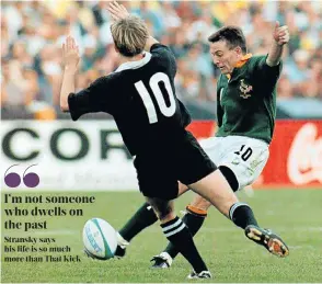  ?? Picture: Gallo Images/Tertius Pickard ?? Joel Stransky kicks a drop goal during the Rugby World Cup final between SA and New Zealand at Ellis Park on June 24 1995. SA edged New Zealand 15-12.