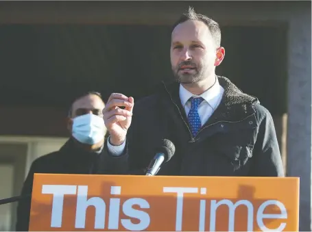  ?? MICHELLE BERG ?? During a campaign appearance in the city on Thursday, NDP Leader Ryan Meili announces the measures he would take as premier to address the spread of COVID-19, including money to shrink class sizes, for front-line health-care workers, and for the vulnerable population.