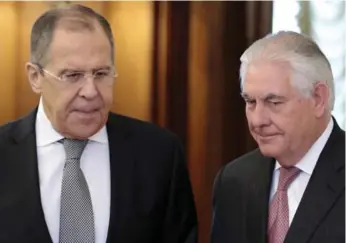  ?? IVAN SEKRETAREV/THE ASSOCIATED PRESS ?? U.S. Secretary of State Rex Tillerson, right, shown with Russian Foreign Minister Sergey Lavrov, echoed President Trump’s comments on Russia, saying relations between the two countries have reached a “low point.”