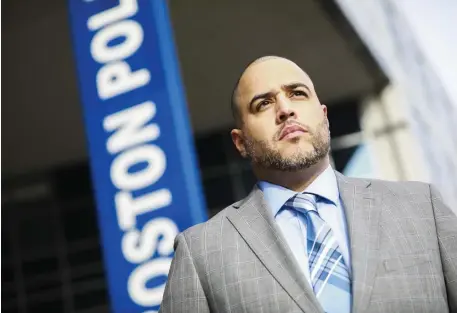  ?? NiColaus CzarneCki pHoTos / HeralD sTaff ?? DEFINING MOMENTS: Boston Police Officer Omar Borges, who battled and beat COVID-19, stands outside of Boston Police Headquarte­rs in Boston on Wednesday. Below, he is released from the hospital in April.