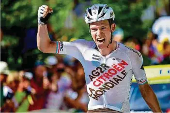  ?? Foto: Serge Waldbillig ?? Bob Jungels schreit die Freude über seinen Etappensie­g bei der Tour de France heraus.