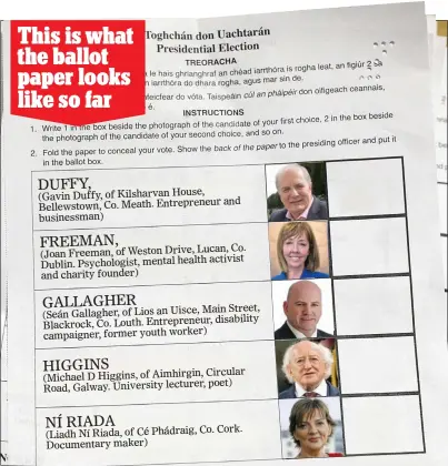  ??  ?? * This is a representa­tion of a likely ballot paper. It includes those who have been nominated by the councils so far, the President who can nominate himself, and the most likely Sinn Féin candidate. Other hopefuls may still make their way on to the ballot paper.