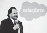  ?? DARRON CUMMINGS/AP 2019 ?? The $27.7 billion purchase of Slack by business software pioneer Salesforce better positions both firms against Microsoft. Above, Salesforce chairman Marc Benioff.