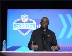  ?? MICHAEL CONROY — THE ASSOCIATED PRESS ?? Washington Commanders generall manager Martin Mayhew speaks during a press conference at the NFL football scouting combine in Indianapol­is Wednesday.