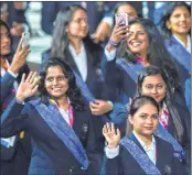  ??  ?? Indian athletes jubilate as they march past at Carrara Stadium during the opening ceremony of Commonweal­th Games 2018, Gold Coast in Australia on Wednesday.