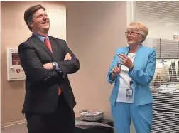  ??  ?? Greg Stanton and Thelda Williams talk at City Hall on May 29, when Williams became interim mayor upon Stanton’s resignatio­n.