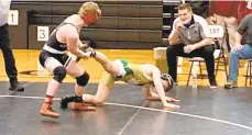  ??  ?? Faith Christian’s Eric Alderfer, left, and Central Catholic’s David Kreidler are battling for a PIAA Class 2A title at 138 pounds.