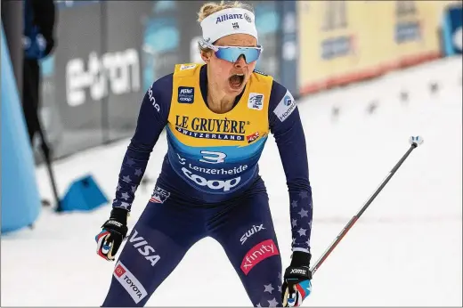  ?? PETER SCHNEIDER/KEYSTONE ?? Jessie Diggins celebrates winning a cross country skiing sprint event at the FIS Tour de Ski in Lenzerheid­e, Switzerlan­d, on Dec. 28. Diggins literally wrote the book on the struggles female athletes face as they try to stay fit while dealing with unrealisti­c pressures to have a certain body type.