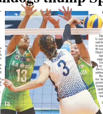  ?? JOVEN CAGANDE ?? Jaja Santiago of NU diverts a shot away from the defensive wall of Aduke Christine Ogunsanya (13) and Cheng Desiree of La Salle in the UAAP women’s volleyball game yesterday at the Filoil Flying V Center.