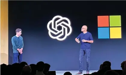  ?? Photograph: Barbara Ortutay/AP ?? Microsoft CEO Satya Nadella (right) led mediation efforts that were complicate­d by Sam Altman’s reported insistence that OpenAI’s board be removed.