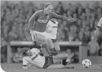  ??  ?? Alan Brazil feels the full force of this tackle by Manchester City’s Paul Power in 1982