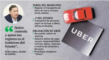  ??  ?? TAREA DEL MUNICIPIO > Regular el transporte público de taxi y el transporte urbano. OBLIGACIÓN DE UBER > No podrán cobrar en efectivo. > Adquirir póliza de seguros por responsabi­lidad civil por daños, lesiones o muerte de usuarios y terceros. >...