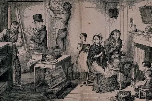  ??  ?? ABOVE:
A drunken man sits at home with his family while bailiffs remove their furniture in an 1847 etching by George Cruikshank