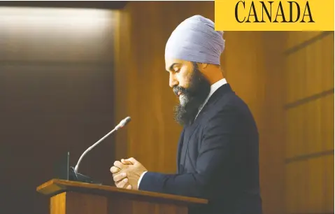  ?? SEAN KILPATRICK / THE CANADIAN PRESS ?? NDP Leader Jagmeet Singh says the government should offer to extend CERB until at least September at a similar level of benefits.