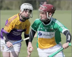  ??  ?? Dylan Purcell (Duffry Rovers) and Jack Kennedy (Faythe Harriers) in action in the Féile hurling Division 2 decider in Ferns Centre of Excellence.
