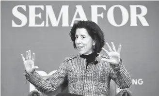  ?? AP-Yonhap ?? U.S. Secretary of Commerce Gina Raimondo speaks during the 54th Annual Meeting of The Semafor 2024 World Economy Summit in Washington, D.C., April 17.