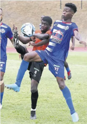  ?? (Photo: Naphtali Junior) ?? Tivoli Gardens Horatio Morgan (left) and Portmore United’s Jovaughn Thompson battle for possession in their encounter in the Wray & Nephew Jamaica Premier League at Stadium East in Kingston on Sunday.