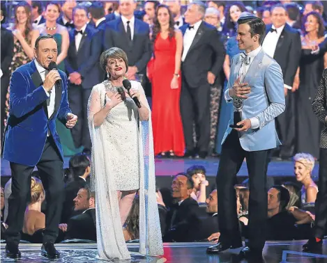  ??  ?? KEVIN Spacey stole the show as he sang, danced and impersonat­ed his way throughout hosting the Tony Awards, where Dear Evan Hansen — a show that centres on a lonely teenager who fabricates a former friendship with a classmate who killed himself — won...