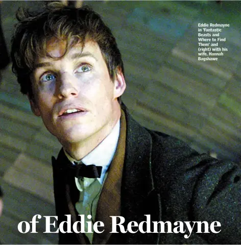  ??  ?? Eddie Redmayne in ‘Fantastic Beasts and Where to Find Them’ and (right) with his wife, Hannah Bagshawe