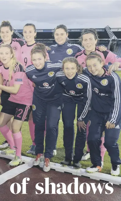  ??  ?? 0 Scotland Women celebrate securing their place at the Euro 2017 finals in Holland, where they will open their campaign against England on 19 July. Left, Joelle Murray, one of three Hibs players in the Scots squad.