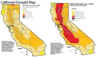  ?? U.S. DROUGHT MONITOR ?? Maps show the difference in ratings for California’s continued drought between Jan. 5, on the right, and Jan. 12, on the left.