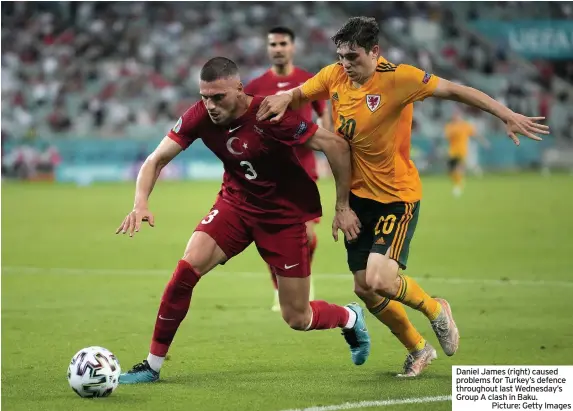  ??  ?? Daniel James (right) caused problems for Turkey’s defence throughout last Wednesday’s Group A clash in Baku.
Picture: Getty Images