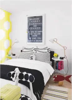  ??  ?? guest bedroom
A message from David and Migguel on a board above the bed gives their friends and family a warm welcome when they come to stay.
Get the look the curtain fabric is kivet by Marimekko. the bed linen is from Pottery Barn kids. the board is...