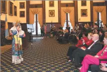  ?? LIAO PAN / CHINA NEWS SERVICE ?? An actor from Tianjin Jingju Theatre performs Peking Opera at the Philadelph­ia City Hall on Tuesday during an event celebratin­g the 45th anniversar­y of sister-city ties.