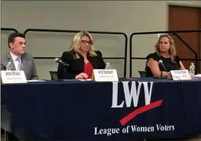  ?? GLENN GRIFFITH MEET THE CANDIDATES ?? The three candidates running for two seats on the Clifton Park Town Board at the Meet the Candidates Forum last week. From left to right they are: James Whalen, Amy Standaert, and Kerensa Rybak