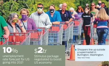  ?? New York Times ?? Shoppers line up outside a supermarke­t in Burlington, Washington.