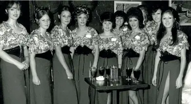  ??  ?? The waitresses on opening night at the Woolshed, in 1972, as remembered by waitress Libby Kemp, from left: Sandra, sisters Penny and Sandi, singer Yolande Gibson’s sister, Libby herself, and the rest unknown.