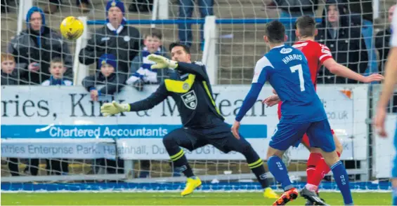  ??  ?? On target QoS midfielder Alex Harris fired home a stunning shot against Jamie Langfield –the only goal of the game