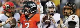  ?? THE ASSOCIATED PRESS FILE PHOTO ?? From left, photos show Oklahoma State quarterbac­k Mason Rudolph wearing different helmets during NCAA college football games.