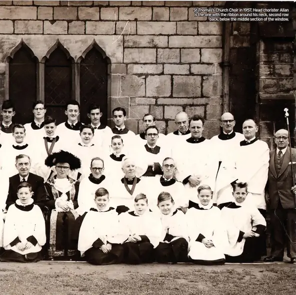  ?? ?? St Thomas’s Church Choir in 1957. Head chorister Allan is the one with the ribbon around his neck, second row back, below the middle section of the window.