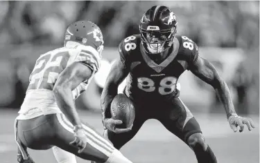  ?? David Zalubowski / Associated Press ?? Wide receiver Demaryius Thomas, right, brings a long list of NFL credential­s to the Texans. The five-time Pro Bowl veteran has made 665 career catches for 9,055 yards and 60 touchdowns.