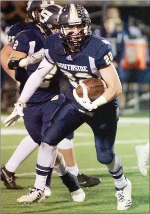  ?? MARK BUFFALO/THREE RIVERS EDITION ?? Southside Batesville’s Caden Huskey returns an intercepti­on during his team’s playoff game with Arkadelphi­a in November. Huskey is the 2017 Three Rivers Edition Defensive Player of the Year.