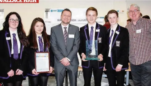  ??  ?? Cream of crop Wallace High pupils Lana Crow, Lucy Hayashi, Lewis Metcalfe and Lewis McCulloch with teacher Graham Rough and Calnex Solutions mentor Fraser Winters.