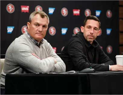  ?? RANDY VAZQUEZ — BAY AREA NEWS GROUP, FILE ?? San Francisco 49ers general manager John Lynch, left, and head coach Kyle Shanahan, right, talk to members of the media at Levi’s Stadium in Santa Clara on Feb. 6.