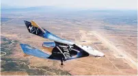 ?? SOURCE: VIRGIN GALACTIC ?? The VSS Unity turns to final approach to Spaceport America as the craft completes its first free flight in New Mexico airspace Friday. Virgin Galactic shared the test on social media.