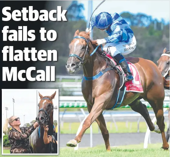 ??  ?? Platinum Euros scores impressive­ly at the Sunshine Coast and (inset) with trainer Natalie McCall. Pictures: Courier-Mail Trackside Photograph­y