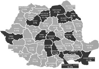  ??  ?? Ponderea locuințelo­r construite în perioada 1990 – 2019 în stocul total de locuințe – harta pe județe