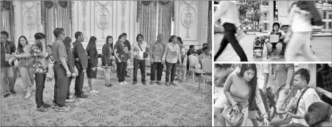  ??  ?? (Clockwise from left) This photo taken on Jan 18, shows blind singers from all around Thailand holding hands as they are led around a performanc­e workshop hosted by the Social Developmen­t and Welfare Department, at a hotel in Bangkok. • Blind singer...