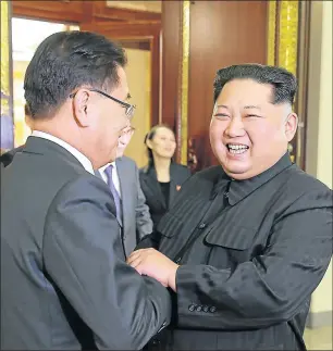  ?? Picture: AFP ?? WARM EMBRACE: North Korean leader Kim Jong-Un, right, shaking hands with South Korean’s Chung Eui-yong, an envoy of the South’s President Moon Jae-in, during their meeting in Pyongyang