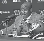  ?? GEOFF BURKE/ USA TODAY SPORTS ?? Eric Bieniemy speaks after being introduced as the new Commanders offensive coordinato­r and assistant head coach.