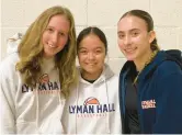  ?? DOM AMORE/HARTFORD COURANT PHOTOS ?? Seniors Callie Chordas, Callie Casulla and Shea Barron, left to right, helped the Lyman Hall girls basketball team get past an 88-point loss last season to make a return to the state tournament. The Trojans play Windsor on Monday in Class L.