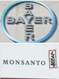  ?? AFP ?? This combo of files photos created on September 14, 2016 shows the logo of Bayer AG in Leverkusen and the logo of Monsanto Co at it’s Belgian manufactur­ing site and operations centre in Lillo near Antwerp.